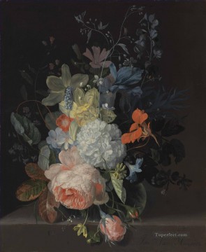  ledg oil painting - A rose a snowball daffodils irises and other flowers in a glass vase on a stone ledge Jan van Huysum